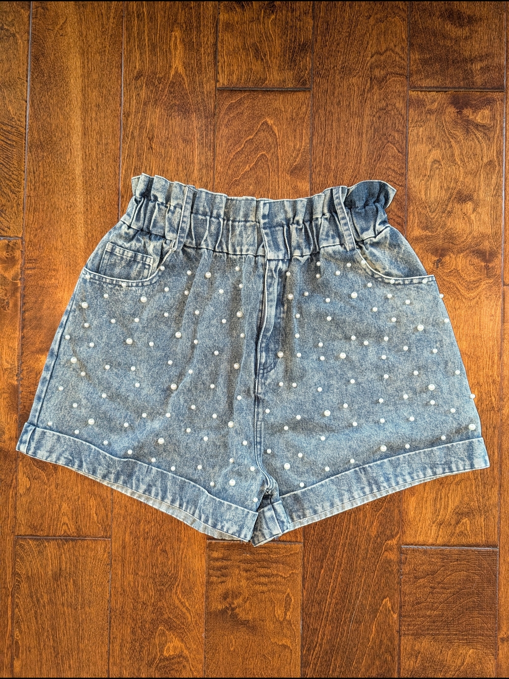 NWT: Fantastic Fawn Pearled Denim Paper Bag Waist Shorts - Size Large - Picture 4 of 7